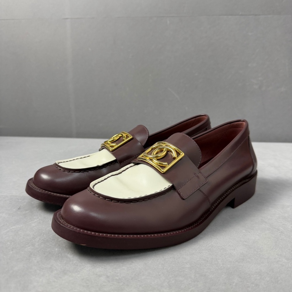 Authentic Chanel Burgundy Loafers with Gold Accent
